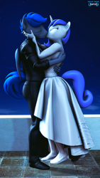 Size: 1080x1920 | Tagged: safe, artist:daveman1000, oc, oc only, oc:azure thunder, oc:magic twinkle, pegasus, unicorn, anthro, plantigrade anthro, 3d, clothes, dress, duo, female, jewelry, kiss on the lips, kissing, male, marriage, married couple, night, night sky, ring, shipping, sky, straight, suit, wedding dress, wedding ring