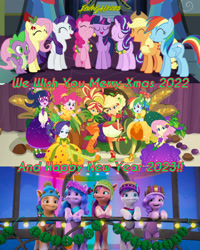 Size: 1920x2400 | Tagged: safe, edit, edited screencap, editor:itsmgh1203, screencap, applejack, fluttershy, hitch trailblazer, izzy moonbow, pinkie pie, pipp petals, rainbow dash, rarity, sci-twi, spike, starlight glimmer, sunny starscout, sunset shimmer, twilight sparkle, zipp storm, alicorn, dragon, earth pony, human, pegasus, pony, unicorn, a hearth's warming tail, equestria girls, equestria girls specials, g4, g5, my little pony equestria girls: better together, my little pony equestria girls: holidays unwrapped, my little pony: make your mark, o come all ye squashful, season 6, winter wishday, spoiler:g5, 3d, ^^, applejack's hat, bipedal, canterlot high, christmas, clothes, cornucopia costumes, cowboy hat, crystal brighthouse, cute, dashabetes, eyes closed, female, hat, hearth's warming eve is here once again, holiday, humane five, humane seven, humane six, jackabetes, mane five, mane seven, mane six, mare, night, open mouth, open smile, prisbeam, raribetes, shoes, smiling, text, twilight sparkle (alicorn), twilight's castle