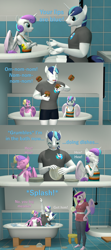 Size: 1920x4320 | Tagged: safe, artist:papadragon69, princess cadance, princess flurry heart, princess skyla, shining armor, alicorn, unicorn, anthro, plantigrade anthro, g4, 3d, bathtub, bluey, burger, clothes, comic, father and child, father and daughter, female, food, male, non-nude bathing, parody, plate, reference, source filmmaker, sports, swimsuit, toy, water, white swimsuit, wrestling