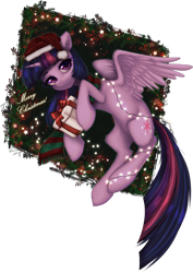 Size: 1920x2717 | Tagged: safe, artist:avrameow, twilight sparkle, alicorn, pony, g4, christmas, christmas lights, clothes, ear fluff, female, hat, holiday, looking at you, mare, present, santa hat, scarf, simple background, striped scarf, transparent background, twilight sparkle (alicorn), wreath