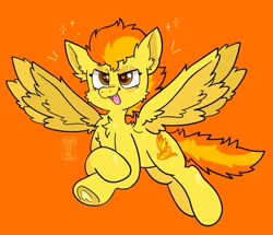 Size: 1854x1597 | Tagged: safe, artist:spookyfoxinc, spitfire, pegasus, pony, g4, chest fluff, eyeshadow, fangs, female, flying, heart, heart eyes, makeup, mare, open mouth, open smile, orange background, simple background, smiling, smug, solo, spread wings, wingding eyes, wings