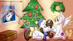 Size: 3840x2160 | Tagged: safe, oc, oc:brittneigh ackermane, cat, pegasus, pony, unicorn, candy, candy cane, chest fluff, christmas, christmas tree, christmas wreath, food, furry, hat, high res, holiday, present, santa hat, secret santa, snow, snowfall, tree, window, wreath