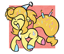 Size: 1840x1563 | Tagged: safe, artist:single purpose, oc, oc only, oc:birthday bash, earth pony, pony, candle, eyes closed, hat, party hat, solo