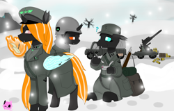 Size: 3584x2296 | Tagged: safe, artist:mairiathus, oc, changeling, equestria at war mod, cannon, cap, clothes, eyebrows, hat, helmet, high res, horn, orange changeling, raised eyebrow, signature, snow, truck, war, wings, winter