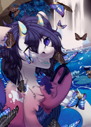 Size: 2504x3500 | Tagged: safe, artist:medkit, oc, oc only, oc:verd, butterfly, hybrid, insect, original species, pegasus, pony, big eyes, cat tail, cave, chest fluff, flower, grass, high res, horn, horns, horseshoes, insect on cheek, insect on hoof, leaves, long tail, male, one eye closed, open mouth, paint tool sai 2, partially open wings, raised hoof, short horn, short mane, sitting, smiling, solo, speedpaint, stallion, tail, teeth, vine, water, waterfall, waterlily, wings