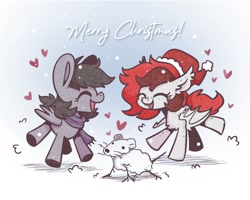 Size: 1280x1024 | Tagged: safe, artist:sugar morning, oc, oc only, bat pony, pegasus, pony, rat, christmas, clothes, duo, eyes closed, happy, hat, heart, holiday, merry christmas, open mouth, open smile, santa hat, scarf, smiling, snowman