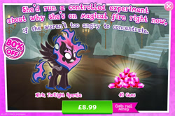 Size: 1958x1300 | Tagged: safe, gameloft, twilight sparkle, kirin, nirik, winged kirin, g4, my little pony: magic princess, advertisement, cloven hooves, costs real money, english, fangs, female, fire, gem, horn, introduction card, kirin twilight, kirin-ified, mane of fire, mobile game, numbers, sale, solo, species swap, spread wings, text, twilight sparkle (alicorn), wings