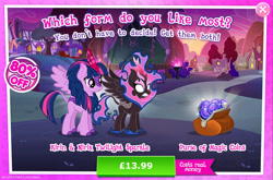 Size: 1964x1300 | Tagged: safe, gameloft, twilight sparkle, alicorn, kirin, nirik, pony, winged kirin, g4, my little pony: magic princess, advertisement, cloven hooves, costs real money, duality, english, fangs, female, fire, horn, introduction card, kirin twilight, kirin-ified, magic coins, mane of fire, mobile game, numbers, sale, solo, species swap, spread wings, text, twilight sparkle (alicorn), wings
