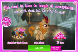 Size: 1951x1298 | Tagged: safe, gameloft, fern flare, flashfire, kirin, g4, my little pony: magic princess, advertisement, bush, cloven hooves, comic book, costs real money, english, female, gem, horn, introduction card, mobile game, numbers, pencil, sale, solo, text