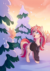 Size: 1240x1754 | Tagged: safe, artist:skysorbett, oc, oc only, oc:dashka bun, pony, unicorn, clothes, female, fir tree, forest, hoodie, mare, open mouth, snow, solo, tree, winter