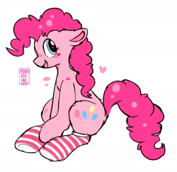 Size: 1743x1693 | Tagged: safe, artist:spookyfoxinc, pinkie pie, earth pony, pony, g4, clothes, floppy ears, heart, simple background, sitting, socks, solo, striped socks, white background