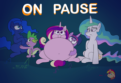 Size: 3758x2580 | Tagged: safe, artist:rupertbluefox, princess cadance, princess celestia, princess luna, spike, sunset shimmer, twilight sparkle, alicorn, dragon, pony, unicorn, series:sunsmoons&heartbellyballoons, announcement, announcement in description, belly, belly hug, belly to belly, big belly, butt, chibi, chubby, chubby cheeks, concerned, description is relevant, dialogue, fat, fat fetish, female, fetish, high res, hoof on belly, hug, huge belly, incentive drive, lidded eyes, long description, male, missing accessory, missing cutie mark, nervous, obese, pause, poking, princess decadence, princess moonpig, sad, sigh, speech bubble, squishy cheeks, this will end in weight gain, vent art, weight gain, winged spike, wings