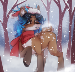 Size: 2598x2500 | Tagged: artist needed, safe, oc, oc only, oc:alune, deer, deer pony, original species, christmas, clothes, forest, hat, high res, holiday, santa hat, scarf, snow, snowfall, solo, tree