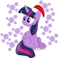 Size: 5564x5438 | Tagged: safe, artist:anime-equestria, twilight sparkle, alicorn, pony, g4, christmas, cute, female, happy, hat, holiday, horn, mare, santa hat, simple background, sitting, smiling, snow, snowflake, solo, transparent background, twiabetes, twilight sparkle (alicorn), vector, wings