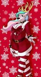 Size: 1600x3000 | Tagged: safe, artist:sixes&sevens, princess celestia, deer, reindeer, anthro, g4, antlers, beckoning, bells, belt, bow, candy, candy cane, christmas, clothes, costume, deerlestia, female, food, holiday, looking at you, reindeerified, santa costume, smiling, snow, snowflake, socks, solo, species swap, thigh highs