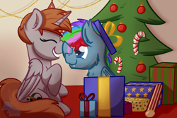 Size: 3000x2000 | Tagged: safe, artist:exobass, oc, oc only, oc:azure star (fauli1221), oc:funny jo, alicorn, bat pony, pony, alicorn oc, bat pony oc, bat wings, box, candy, candy cane, christmas, complex background, fangs, female, food, high res, holiday, horn, mare, pony in a box, present, tree, wings