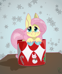 Size: 1000x1185 | Tagged: safe, artist:pagophasia, derpibooru exclusive, fluttershy, pegasus, pony, g4, blushing, candy, candy cane, colored hooves, cup, cup of pony, cute, female, food, impossibly long eyelashes, looking at you, micro, mug, shyabetes, simple background, smiling, smiling at you, snow, snowflake, snowman, snowpony, solo, table, tree, unshorn fetlocks, vignette