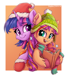Size: 1220x1399 | Tagged: safe, artist:zeepheru_pone, sunny starscout, twilight sparkle, alicorn, earth pony, pony, g5, book, cheek fluff, clothes, cute, duo, ear fluff, female, hat, looking at each other, looking at someone, mane stripe sunny, mare, scarf, simple background, smiling, striped scarf, sunny and her heroine, twilight sparkle (alicorn)