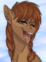 Size: 1620x2160 | Tagged: safe, artist:enderbee, oc, oc only, earth pony, pony, braid, bust, chest fluff, commission, ear fluff, female, mare, open mouth, portrait, simple background, sternocleidomastoid, tongue out