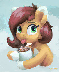 Size: 2082x2558 | Tagged: safe, artist:aemuhn, oc, oc only, oc:cream crackers, earth pony, pony, abstract background, drink, earth pony oc, female, high res, looking at you, mare, mug, solo, tongue out