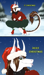 Size: 941x1600 | Tagged: safe, artist:sunny way, oc, oc:shasehra gaelehrion, ki'rinaes, original species, anthro, equis universe, :p, ass, butt, christmas, comic, comic strip, cute, fangs, female, fluffy, forest, fur, hat, holiday, it chrismas, it christmas, like a dino, meme, merry christmas, mlem, paws, santa hat, silly, snow, solo, teeth, tongue out, warm