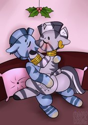 Size: 2480x3508 | Tagged: safe, artist:anykoe, zecora, oc, oc:referee, zebra, semi-anthro, g4, arm hooves, butt, canon x oc, christmas, commission, female, high res, holiday, holly, holly mistaken for mistletoe, jewelry, kiss on the lips, kissing, male, plot, shipping, straight, zebra oc