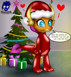 Size: 3840x4154 | Tagged: safe, alternate version, artist:damlanil, smolder, dragon, g4, bodysuit, catsuit, christmas, christmas decoration, christmas tree, clothes, comic, cute, dragon wings, dragoness, eyelashes, female, floating heart, happy, hat, heart, hearth's warming, holiday, horns, latex, latex suit, looking at you, mistletoe, present, rubber, santa hat, shiny, show accurate, smiling, smiling at you, smolderbetes, solo, speech bubble, standing, suit, talking to viewer, test tube, text, tree, vector, wings