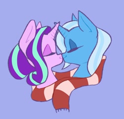 Size: 1634x1568 | Tagged: safe, artist:twilightsparkee, starlight glimmer, trixie, pony, g4, blue background, clothes, female, lesbian, mare, scarf, shared clothing, shared scarf, ship:startrix, shipping, simple background, striped scarf
