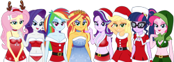 Size: 2000x714 | Tagged: safe, artist:emeraldblast63, applejack, fluttershy, pinkie pie, rainbow dash, rarity, sci-twi, starlight glimmer, sunset shimmer, twilight sparkle, human, equestria girls, g4, bare shoulders, belly button, breasts, christmas, cleavage, clothes, costume, elf costume, holiday, humane five, humane seven, humane six, santa costume, simple background, sleeveless, strapless, transparent background