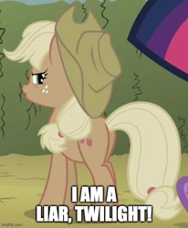 Size: 500x608 | Tagged: safe, edit, edited screencap, screencap, applejack, twilight sparkle, earth pony, pony, g4, season 2, the return of harmony, applebutt, applejack's hat, blatant lies, butt, caption, cowboy hat, cropped, disappeared in a poof of logic, discorded, female, hat, image macro, imgflip, irony, liar's paradox, liarjack, looking back, mare, meme, paradox, plot, solo focus, text