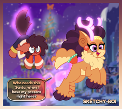 Size: 4000x3600 | Tagged: safe, artist:snakeythingy, saffron masala, oc, oc:sketchy dupe, deer, earth pony, pony, reindeer, best gift ever, g4, canon x oc, christmas, earth pony oc, fluffy, glowing, glowing horn, holiday, horn, magic, magic aura, reindeerified, species swap, story included, telekinesis