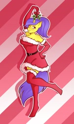 Size: 1296x2160 | Tagged: safe, artist:vatutina, oc, oc:tulipan, unicorn, anthro, belt, breasts, christmas, christmas stocking, clothes, commission, evening gloves, female, gloves, hand on hip, holiday, long gloves, looking at you, one eye closed, one leg raised, ponytail, simple background, solo, stockings, thigh highs, wink, winking at you