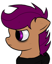 Size: 1924x2351 | Tagged: safe, artist:taeko, scootaloo, pegasus, pony, fanfic:rainbow factory, 2022, absentia, clothes, factory scootaloo, fanfic art, female, filly, floppy ears, foal, frown, hoodie, looking offscreen, side view, simple background, solo, transparent background