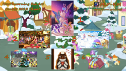 Size: 3000x1688 | Tagged: safe, artist:expee, artist:swordsmen, applejack, derpy hooves, dj pon-3, fluttershy, pinkie pie, rainbow dash, rarity, twilight sparkle, vinyl scratch, oc, alicorn, pony, unicorn, g4, 3d, christmas, christmas tree, clothes, contest, contest winner, costume, festive, food, hat, hearth's warming eve, holiday, hot coco, mane six, marshmallow, present, santa hat, scarf, snowball, snowball fight, snowpony, tree