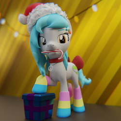 Size: 3240x3240 | Tagged: safe, artist:the luna fan, oc, oc only, oc:sweet elis, earth pony, pony, 3d, blender, blender cycles, candy, candy cane, christmas, christmas lights, clothes, female, food, hat, high res, holiday, looking at you, mare, mouth hold, pansexual, pansexual pride flag, peace sign, present, pride, pride flag, pride socks, santa hat, socks, solo, striped socks