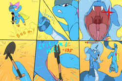 Size: 3000x2000 | Tagged: safe, artist:triksa, oc, oc only, oc:cuteamena, oc:triksa, earth pony, lamia, original species, pony, comic, critical hit, fangs, helmet, high res, imminent vore, implied vore, mawshot, open mouth, red eyes, rocket jump, rocket launcher, shovel, sketch, soldier, soldier (tf2), stunned, team fortress 2, tongue sheath, upside down, uvula, weapon