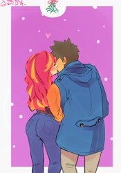 Size: 1400x2000 | Tagged: safe, artist:sozglitch, sunset shimmer, oc, oc:generic messy hair anime anon, human, g4, ass, blushing, bunset shimmer, butt, canon x oc, clothes, coat, denim, duo, eyes closed, female, heart, humanized, jeans, kiss on the lips, kissing, large butt, male, mistletoe, pants, purple background, shipping, simple background, snow, snowfall, straight