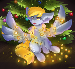 Size: 1880x1732 | Tagged: safe, artist:yuris, derpy hooves, pegasus, pony, g4, big ears, christmas, christmas tree, commission, ears back, female, garland, holiday, new year, open mouth, smiling, solo, spread wings, string lights, tree, wings