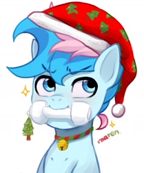 Size: 1586x1895 | Tagged: safe, artist:maren, oc, oc only, oc:blue chewings, pony, bell, bell collar, chew toy, christmas, collar, hat, holiday, mouth hold, santa hat, simple background, solo, white background