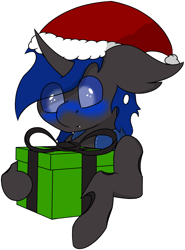 Size: 4393x5944 | Tagged: safe, artist:skylarpalette, oc, oc only, oc:bluey, changeling, pony, blue blush, blue changeling, blushing, changeling oc, christmas, christmas changeling, clothes, commission, cute, hat, holes, holiday, horn, jacket, looking down, male, present, santa hat, simple background, simple shading, solo, stallion, transparent background, ych result