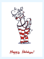 Size: 3000x4000 | Tagged: safe, artist:toanderic, oc, oc only, oc:toanderic, pegasus, pony, animal costume, antlers, blushing, christmas, clothes, costume, happy holidays, harness, holiday, jingle bells, male, pegasus oc, red nose, reindeer antlers, reindeer costume, socks, solo, striped socks, tack