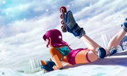 Size: 3995x2396 | Tagged: safe, alternate version, artist:mauroz, sunny starscout, human, g5, ass, backpack, butt, clothes, cloud, day, female, helmet, high res, humanized, knee pads, lying down, roller skates, rollerblades, shorts, shoulder pads, skates, sky, snow, socks, solo, thigh highs