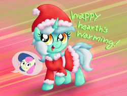 Size: 3121x2377 | Tagged: safe, artist:background basset, bon bon, lyra heartstrings, sweetie drops, pony, unicorn, g4, abstract background, christmas, clothes, costume, cute, dialogue, dress, female, hat, hearth's warming, hearth's warming eve, high res, holiday, implied lesbian, implied lyrabon, implied shipping, lyrabetes, mare, open mouth, santa costume, santa hat, solo, text