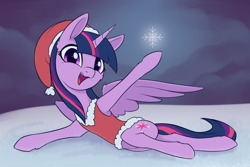 Size: 3208x2140 | Tagged: safe, artist:dusthiel, twilight sparkle, alicorn, pony, g4, christmas, clothes, costume, hat, high res, holiday, santa costume, santa hat, solo, twilight sparkle (alicorn)