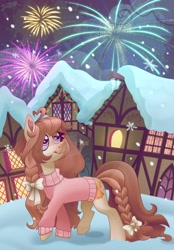 Size: 2857x4096 | Tagged: safe, artist:irinamar, oc, oc only, earth pony, pony, braid, braided tail, fireworks, snow, snowfall, solo, tail