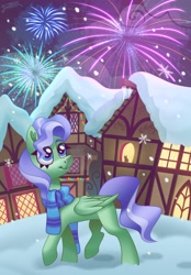 Size: 2857x4096 | Tagged: safe, artist:irinamar, oc, oc only, pegasus, pony, clothes, fireworks, scarf, snow, snowfall, solo, striped scarf