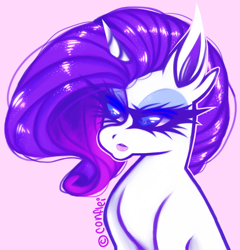 Size: 792x824 | Tagged: safe, artist:conflei, rarity, pony, unicorn, g4, bedroom eyes, bust, ear fluff, eyel, female, mare, pink background, simple background, solo