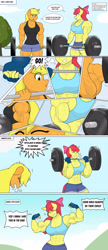 Size: 1333x3072 | Tagged: safe, artist:matchstickman, apple bloom, applejack, earth pony, anthro, matchstickman's apple brawn series, tumblr:where the apple blossoms, g4, abs, apple bloom's bow, apple brawn, applejacked, armpits, barbell, biceps, bow, breasts, busty apple bloom, busty applejack, close-up, clothes, comic, deltoids, dialogue, duo, eyes closed, female, fingerless gloves, flexing, gloves, grin, gritted teeth, hair bow, mare, muscles, muscular female, older, older apple bloom, panting, pecs, shorts, sleeveless, smiling, speech bubble, teeth, thighs, thunder thighs, tumblr comic, weights