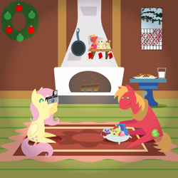 Size: 2160x2160 | Tagged: safe, anonymous artist, big macintosh, fluttershy, oc, oc:late riser, earth pony, pegasus, pony, series:fm holidays, series:hearth's warming advent calendar 2022, g4, advent calendar, baby, baby pony, blanket, calendar, camera, christmas, christmas stocking, christmas wreath, clothes, colt, cookie, cute, drink, embers, family, female, fireplace, fluttershy's cottage, foal, food, footed sleeper, footie pajamas, hearth's warming doll, high res, holiday, hoof hold, lineless, male, mare, milk, offspring, one eye closed, pajamas, parent:big macintosh, parent:fluttershy, parents:fluttermac, pillow, plushie, pointy ponies, ship:fluttermac, shipping, sitting, sleeping, smiling, stallion, straight, tucking in, wreath