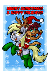 Size: 1280x1978 | Tagged: safe, artist:outofworkderpy, derpy hooves, oc, oc:kira, dragon, kobold, pegasus, pony, g4, antlers, christmas, clothes, costume, dragoness, duo, female, hearth's warming eve, holiday, mistletoe, oc riding derpy, open mouth, open smile, riding, riding a pony, santa costume, smiling, socks